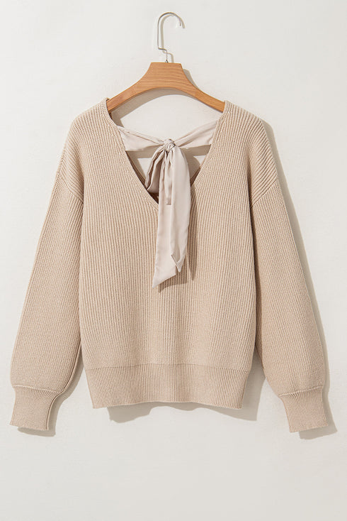 Lantern Sleeve V Neck Tie Back Cutout Sweater
