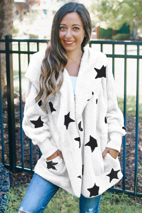 Lapel Collar Scatter Star Print Fuzzy Fleece Coat