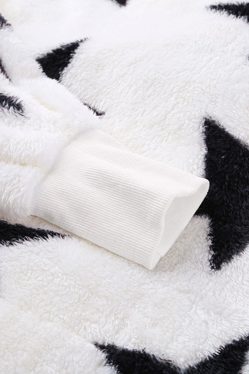 Lapel Collar Scatter Star Print Fuzzy Fleece Coat