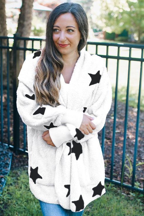 Lapel Collar Scatter Star Print Fuzzy Fleece Coat