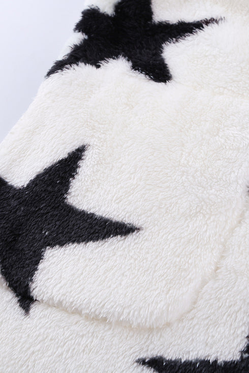 Lapel Collar Scatter Star Print Fuzzy Fleece Coat