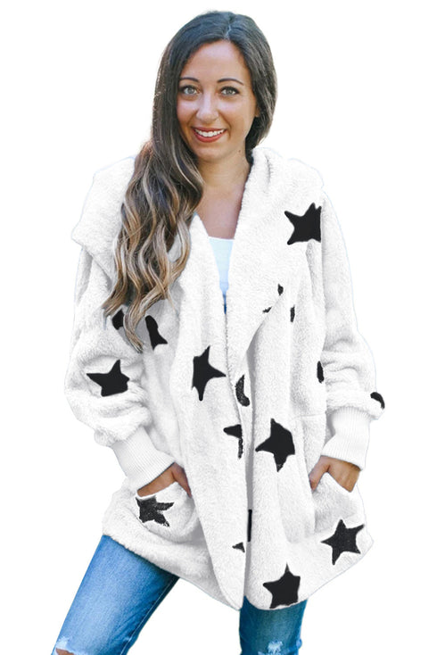 Lapel Collar Scatter Star Print Fuzzy Fleece Coat
