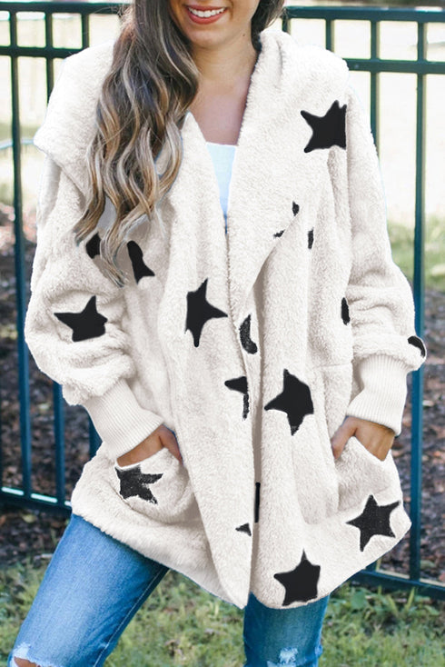 Lapel Collar Scatter Star Print Fuzzy Fleece Coat