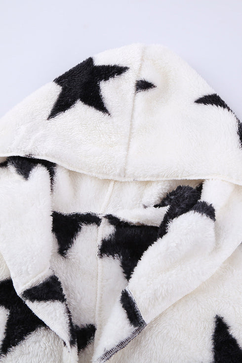 Lapel Collar Scatter Star Print Fuzzy Fleece Coat