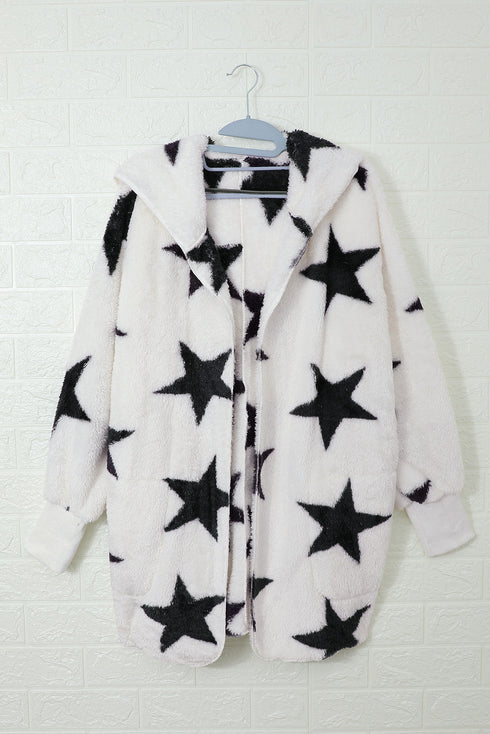 Lapel Collar Scatter Star Print Fuzzy Fleece Coat