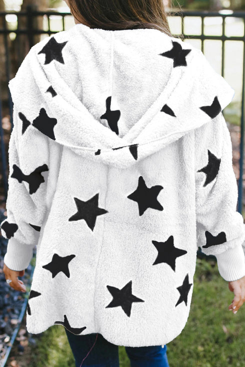 Lapel Collar Scatter Star Print Fuzzy Fleece Coat