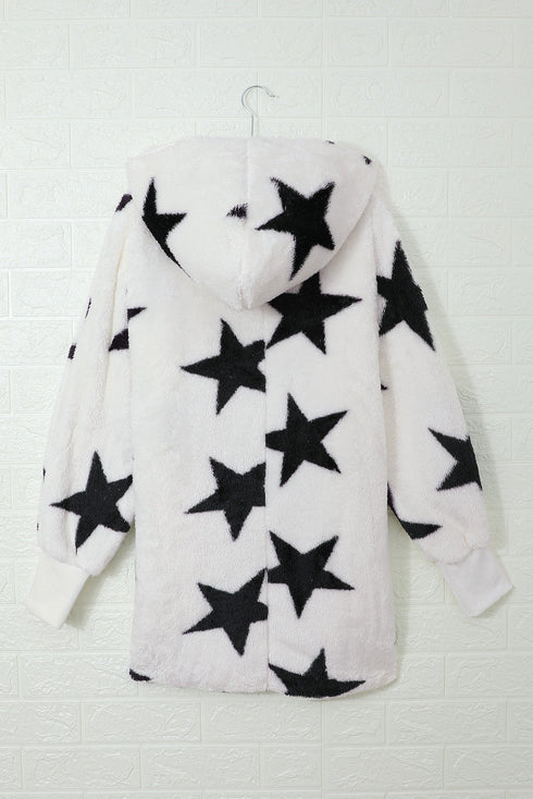 Lapel Collar Scatter Star Print Fuzzy Fleece Coat