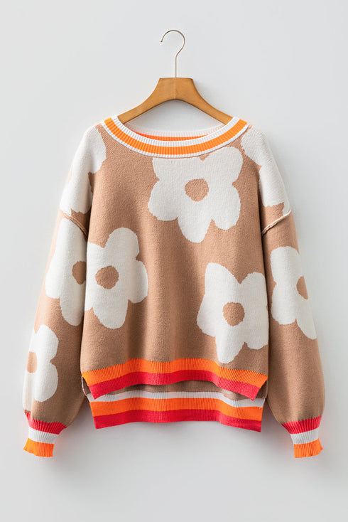 Large Floral Print Crew Neck Pullover Sweater