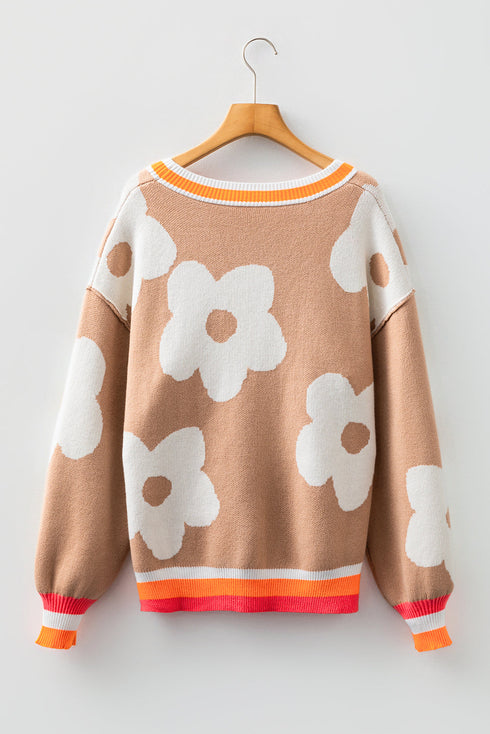 Large Floral Print Crew Neck Pullover Sweater