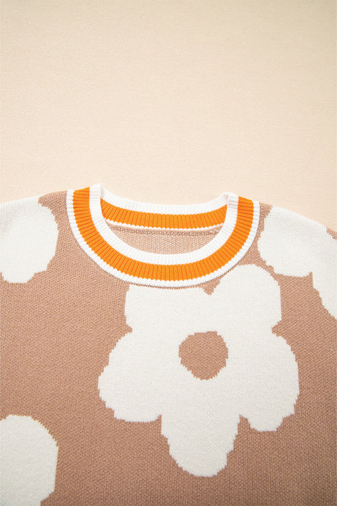 Large Floral Print Crew Neck Pullover Sweater