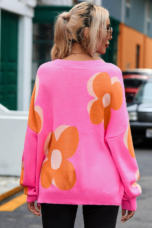 Large Floral Print Oversized Crew Neck Pullover Sweater
