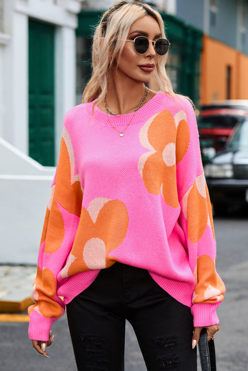 Large Floral Print Oversized Crew Neck Pullover Sweater