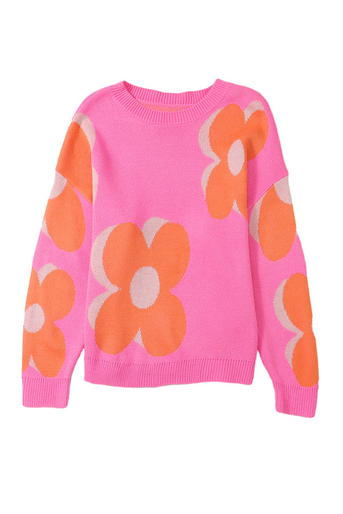 Large Floral Print Oversized Crew Neck Pullover Sweater