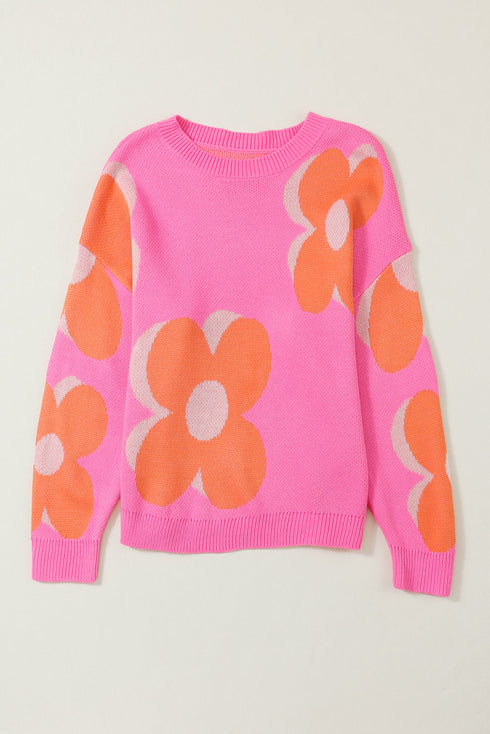 Large Floral Print Oversized Crew Neck Pullover Sweater