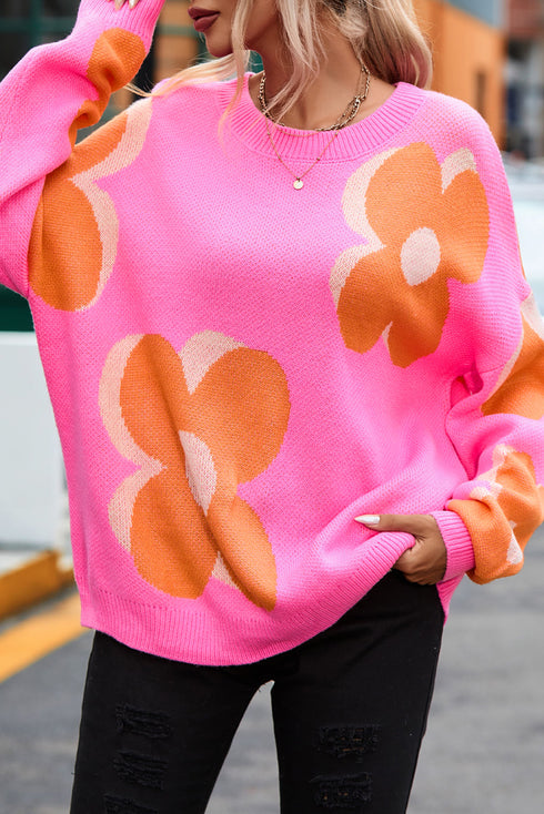Large Floral Print Oversized Crew Neck Pullover Sweater