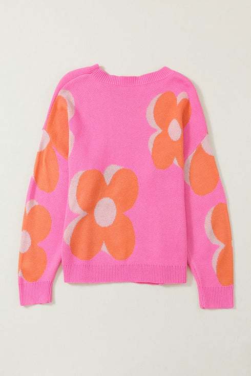 Large Floral Print Oversized Crew Neck Pullover Sweater
