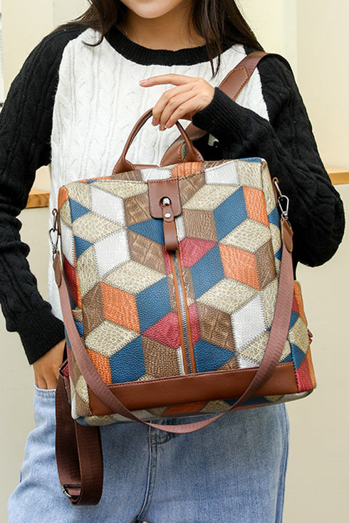 Large Geometric Panel Convertible Soft Faux Leather Backpack