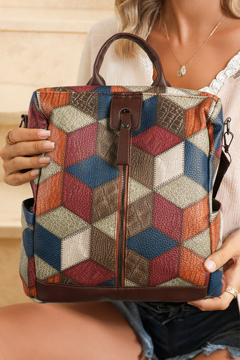 Large Geometric Panel Convertible Soft Faux Leather Backpack