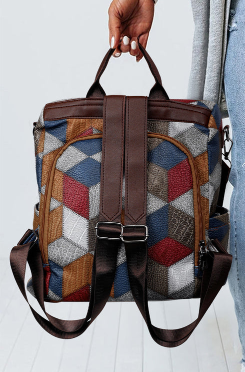 Large Geometric Panel Convertible Soft Faux Leather Backpack