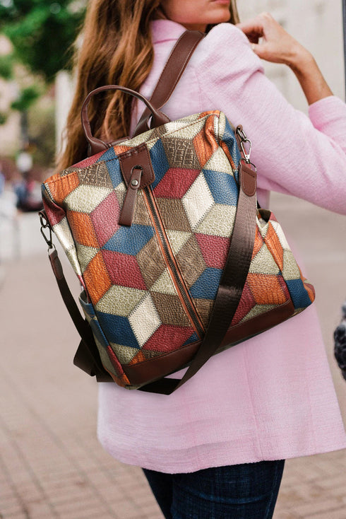 Large Geometric Panel Convertible Soft Faux Leather Backpack