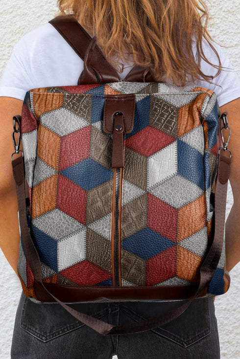Large Geometric Panel Convertible Soft Faux Leather Backpack
