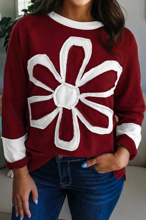 Large Raw Edge Floral Applique Pullover Sweatshirt