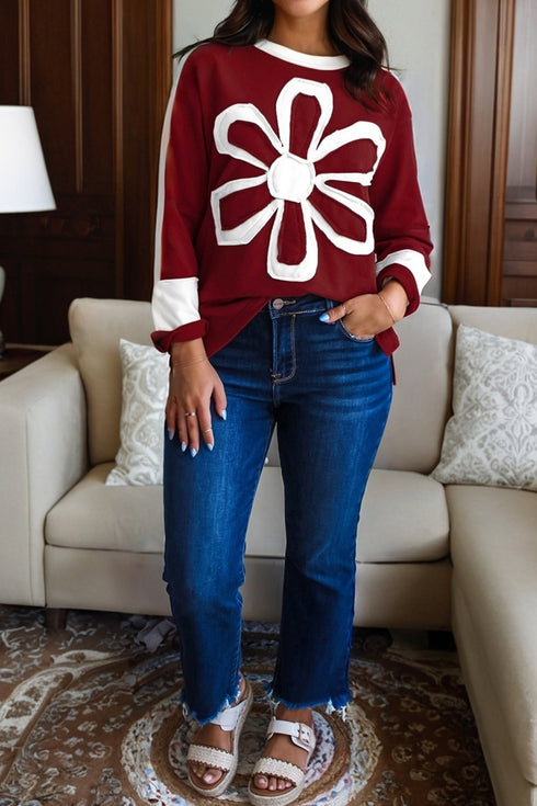 Large Raw Edge Floral Applique Pullover Sweatshirt
