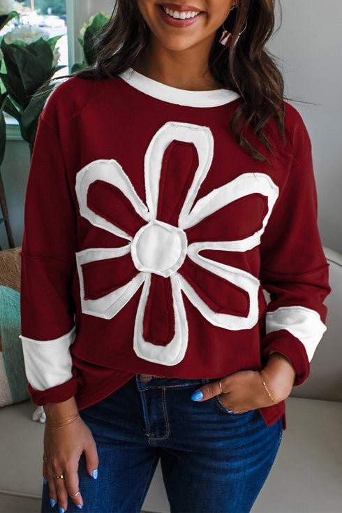 Large Raw Edge Floral Applique Pullover Sweatshirt