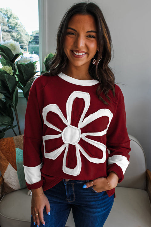Large Raw Edge Floral Applique Pullover Sweatshirt