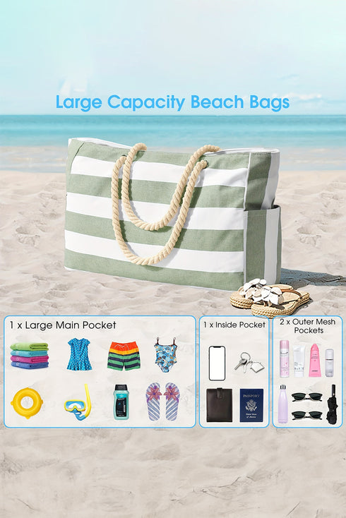 Large Striped Canvas Texture Rope Handle Tote Bag