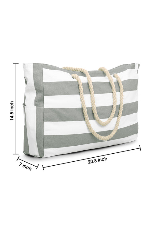 Large Striped Canvas Texture Rope Handle Tote Bag