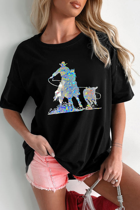 Laser Style Western Cowboy Graphic Crew Neck Cotton Blend Tee Shirt