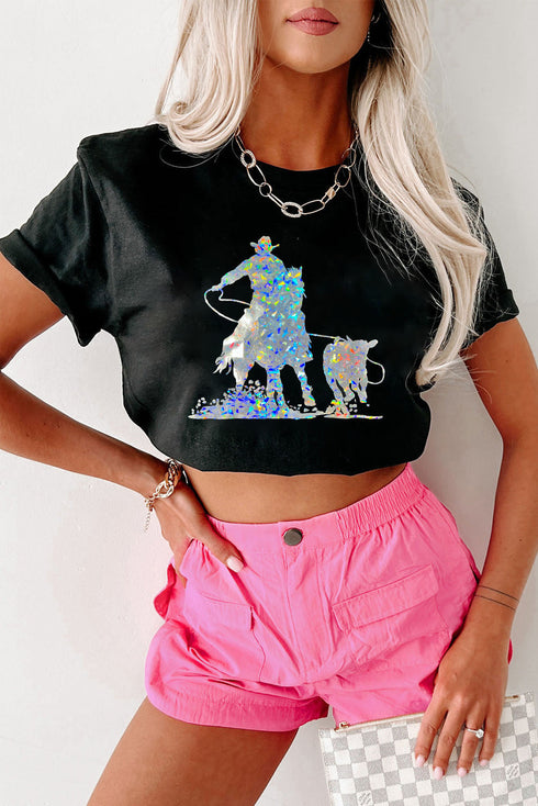 Laser Style Western Cowboy Graphic Crew Neck Cotton Blend Tee Shirt