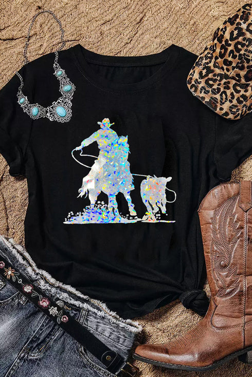 Laser Style Western Cowboy Graphic Crew Neck Cotton Blend Tee Shirt