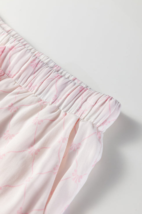 Lattice Print Bow Tie Strap Ruffled Viscose Pajama Set