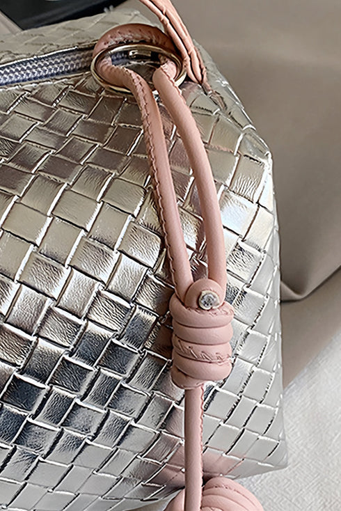 Lattice Texture Woven Handle Zippered Vanity Cosmetic Bag