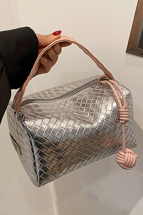 Lattice Texture Woven Handle Zippered Vanity Cosmetic Bag