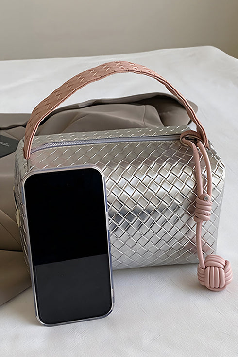 Lattice Texture Woven Handle Zippered Vanity Cosmetic Bag