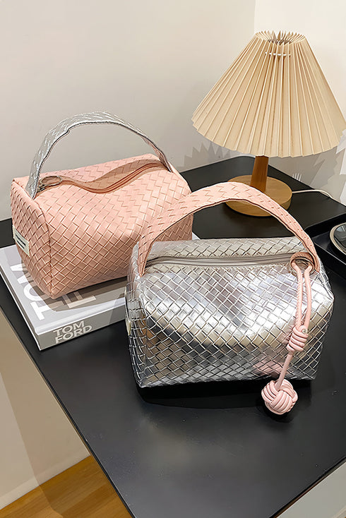 Lattice Texture Woven Handle Zippered Vanity Cosmetic Bag