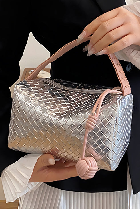 Lattice Texture Woven Handle Zippered Vanity Cosmetic Bag