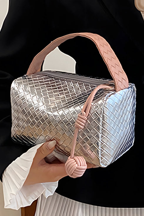 Lattice Texture Woven Handle Zippered Vanity Cosmetic Bag