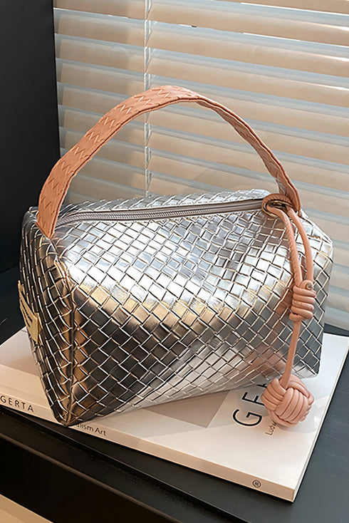 Lattice Texture Woven Handle Zippered Vanity Cosmetic Bag