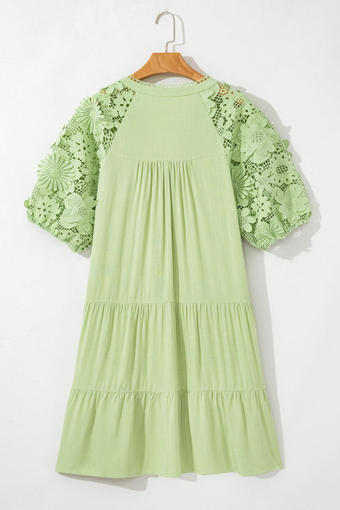 Laurel Green Floral Crochet Short Sleeve Notch V Neck Tiered Plus Size Mini Dress