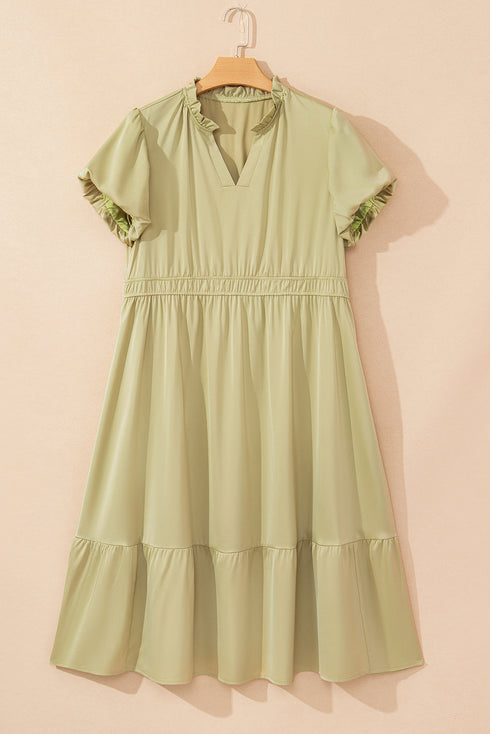 Laurel Green Notched V Neck Puff Sleeve Tiered Plus Size Maxi Dress