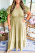 Laurel Green Notched V Neck Puff Sleeve Tiered Plus Size Maxi Dress