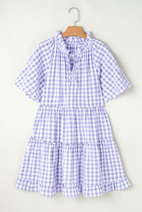 Lavendula Plaid Ruffle Wide Short Sleeve Babydoll Mini Dress