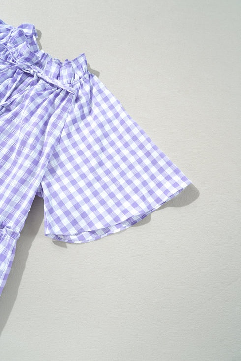 Lavendula Plaid Ruffle Wide Short Sleeve Babydoll Mini Dress