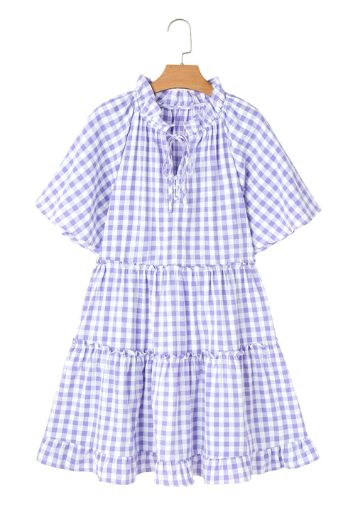 Lavendula Plaid Ruffle Wide Short Sleeve Babydoll Mini Dress