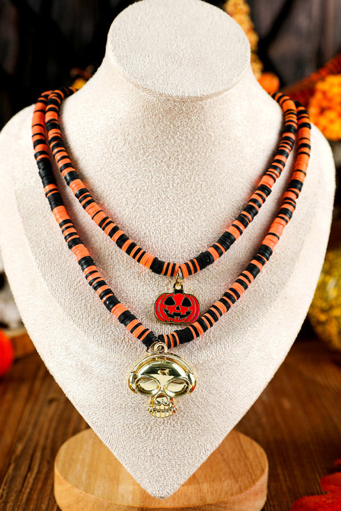 Layered Beaded Skull And Pumpkin Pendant Necklace