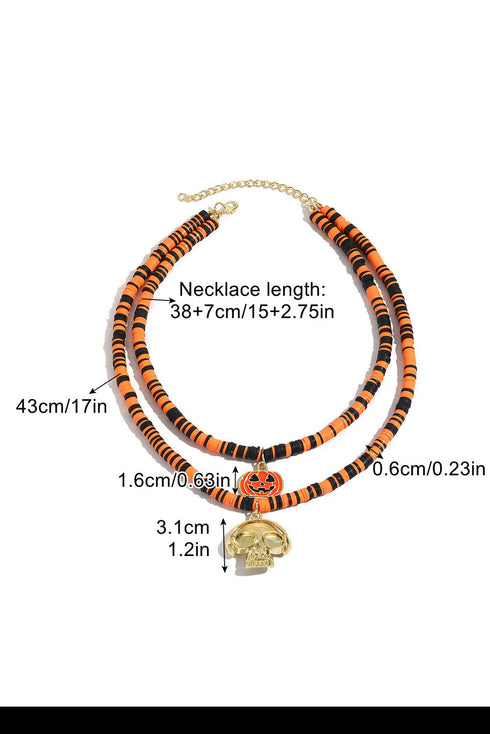 Layered Beaded Skull And Pumpkin Pendant Necklace